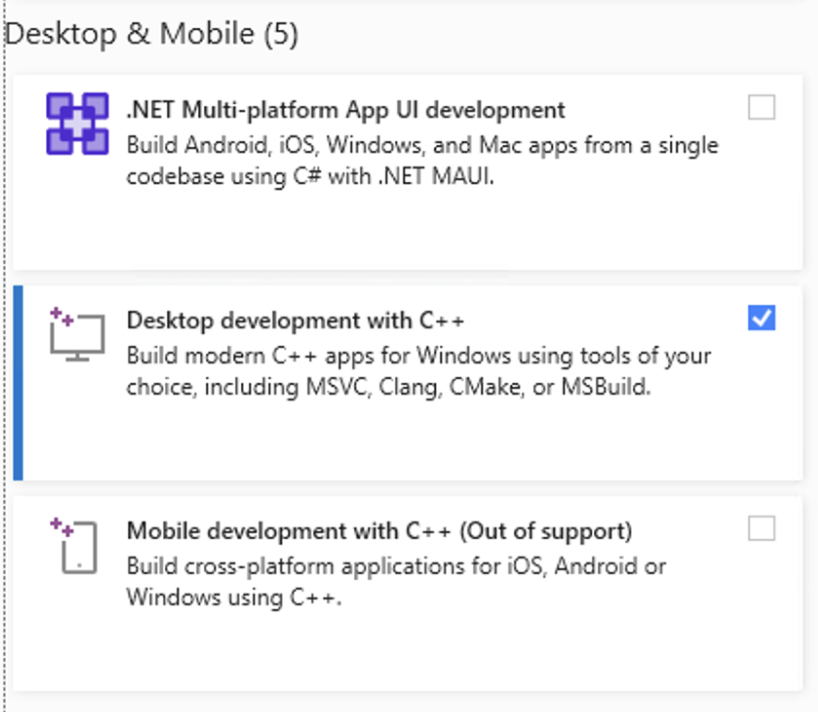 Desktop Development wiht C++ must be installed