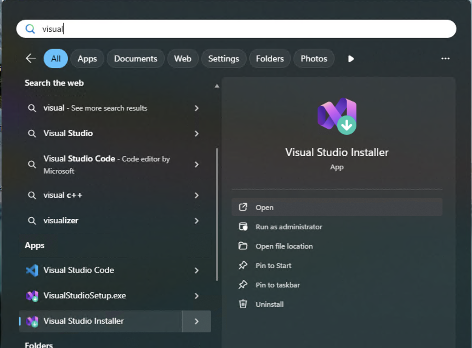 Open Visual Studio Installer